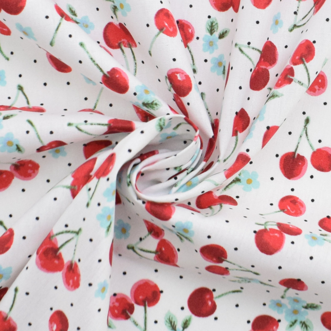 Tissu coton popeline Cerises Sweet Cherry, blanc