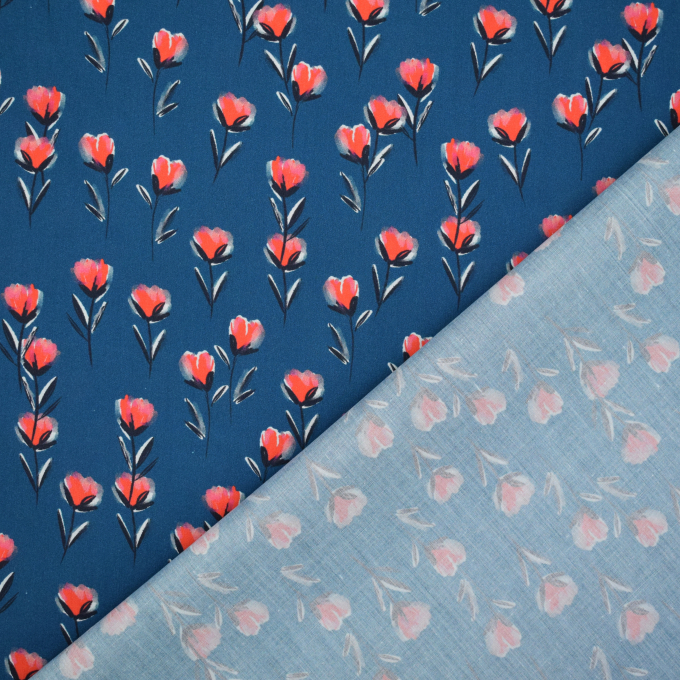 Tissu coton popeline Fleurs Tulipes, bleu pétrole foncé