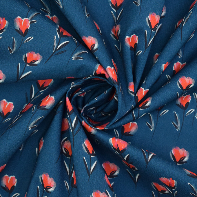 Tissu coton popeline Fleurs Tulipes, bleu pétrole foncé