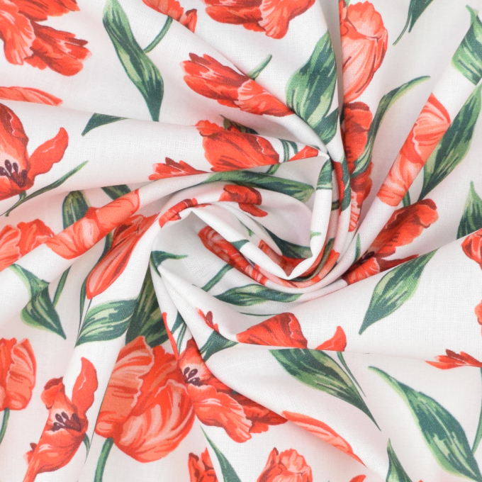 Tissu coton popeline Fleurs Tulipes, blanc
