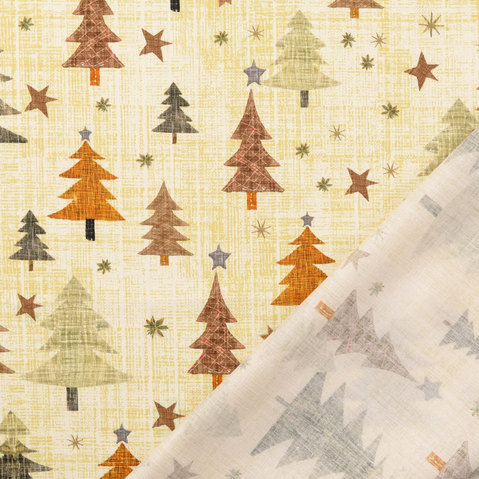 Tissu coton popeline sapin de Noël, marron