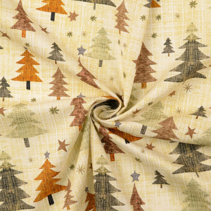 Tissu coton popeline sapin de Noël, marron