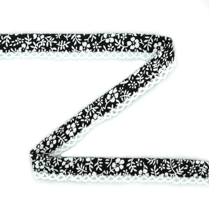 Biais couture coton 1,2cm, Fleurs & dentelle crochetée, noir