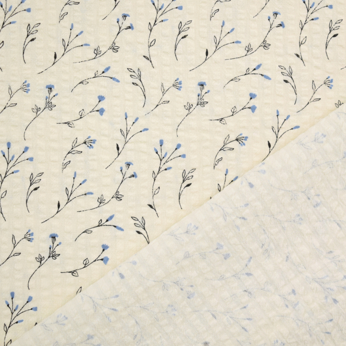 Tissu coton seersucker Fleurs cottage Vintage Flowers, bleu