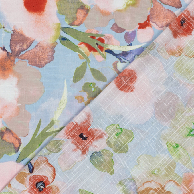 Katoen Viscose Mix bloemenweide, lichtblauw
