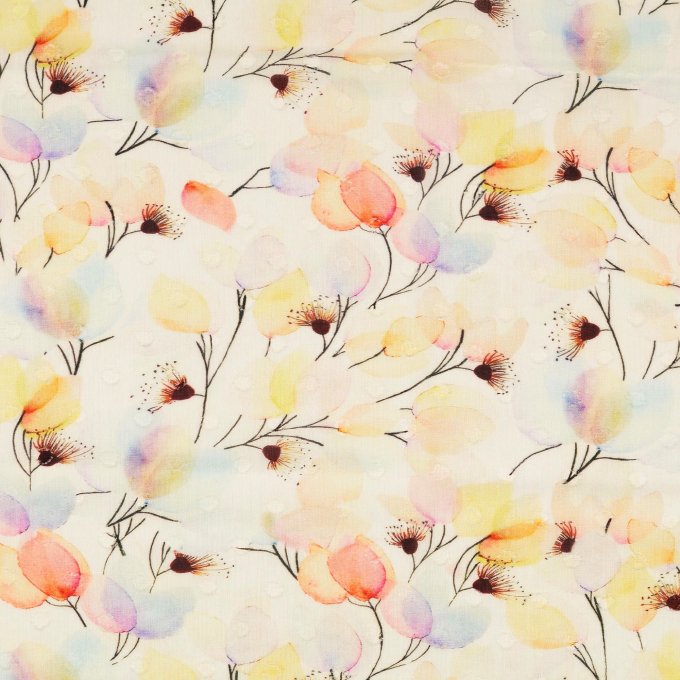 Cotton voile Dots and Flowers, off-white