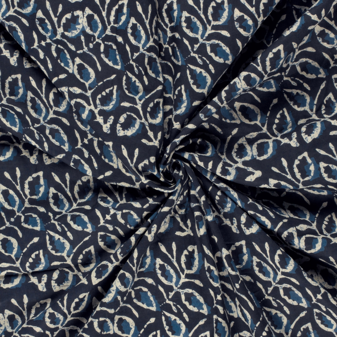 Katoenen voile Leaves, donkerblauw