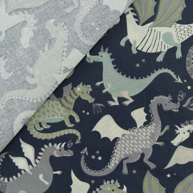 Tissu coton cretonne dragons, gris foncé