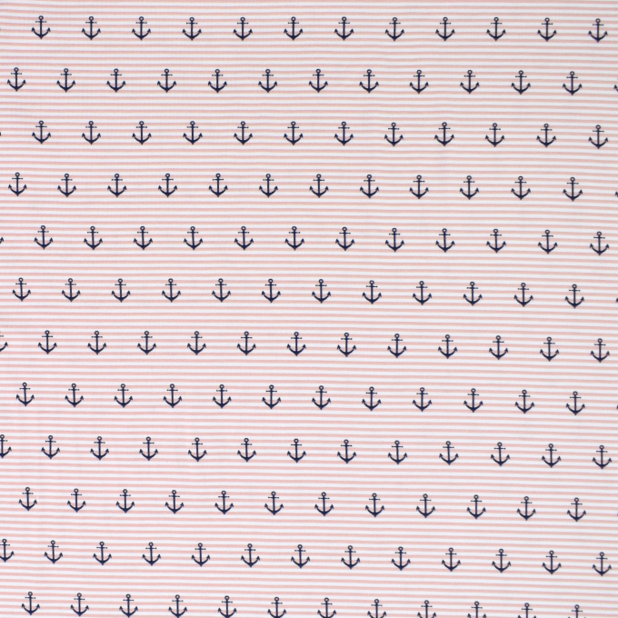 Tissu jersey coton rayé Ancres marines bord de mer chic, vieux rose