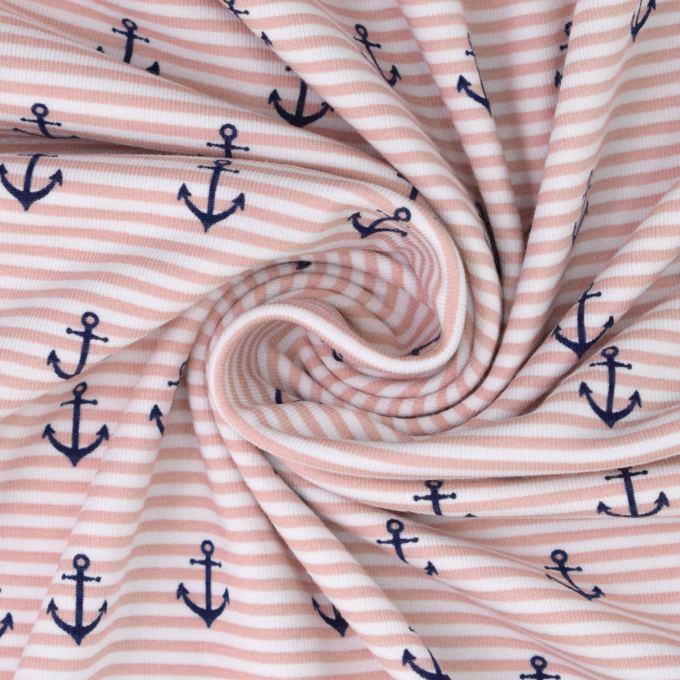Tissu jersey coton rayé Ancres marines bord de mer chic, vieux rose