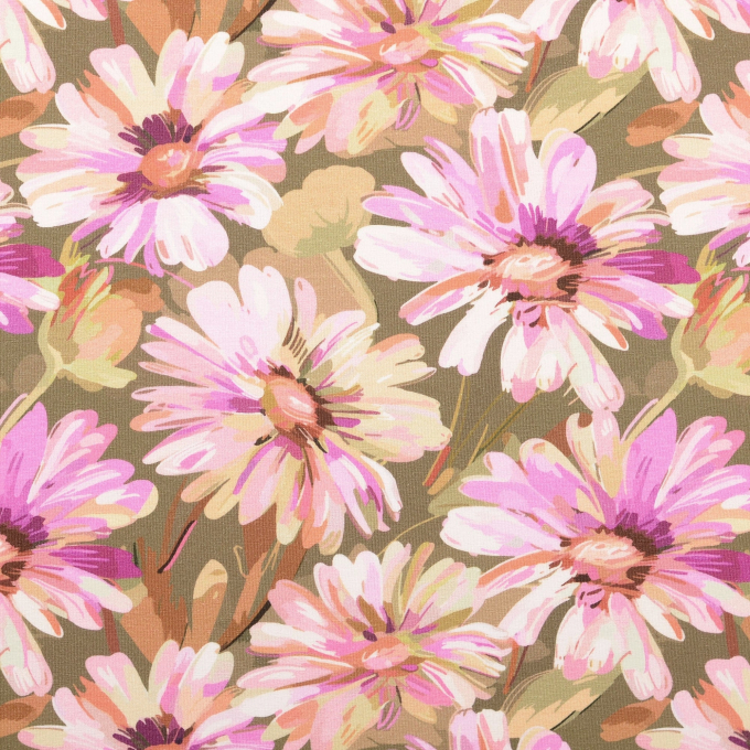 Tissu jersey de coton fleurs, rose