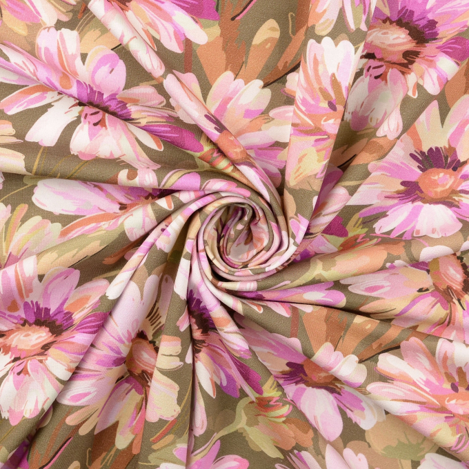 Tissu jersey de coton fleurs, rose