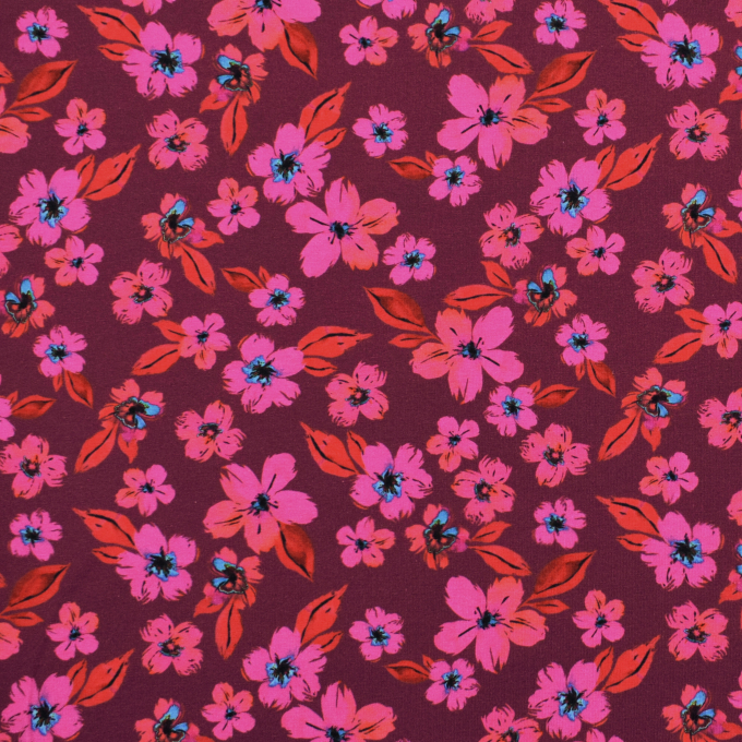 Katoenjersey flowers love, wijnrood