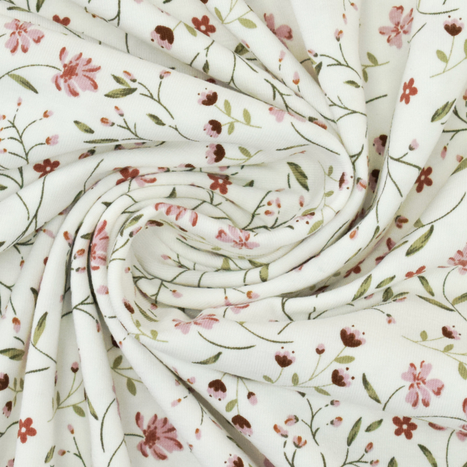 Katoenjersey bloemenranken, gebroken wit