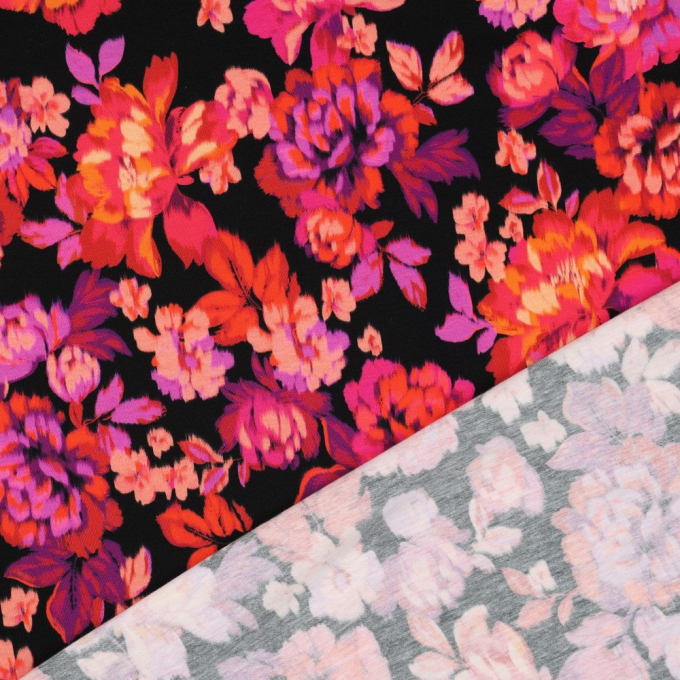 Katoenjersey blurred flowers, zwart