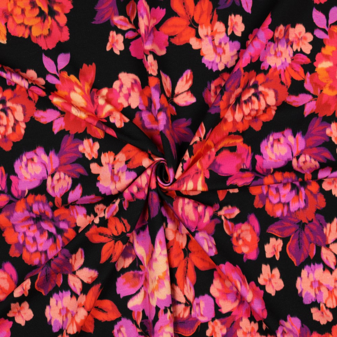 Katoenjersey blurred flowers, zwart