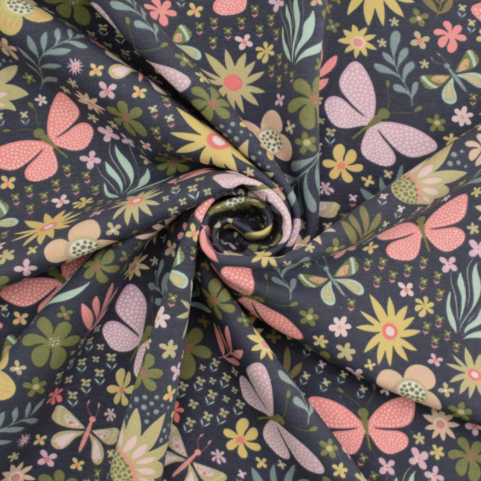 Tissu jersey de coton Papillons Butterfly Garden, bleu marine