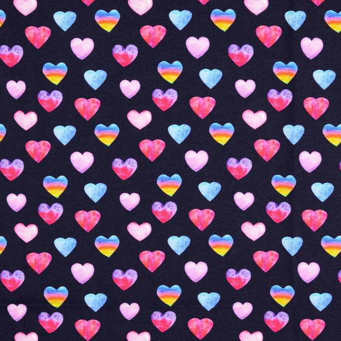 Tissu jersey de coton Coeurs Coloured Hearts, bleu marine