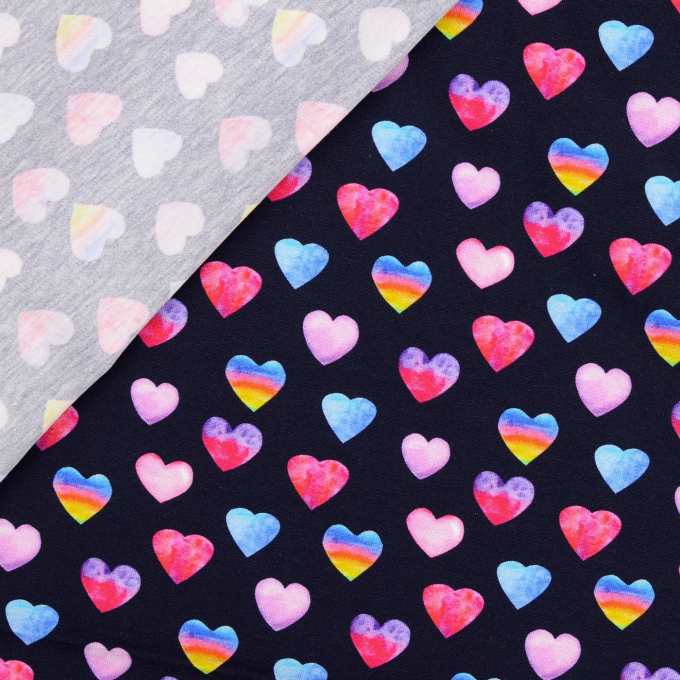 Tissu jersey de coton Coeurs Coloured Hearts, bleu marine