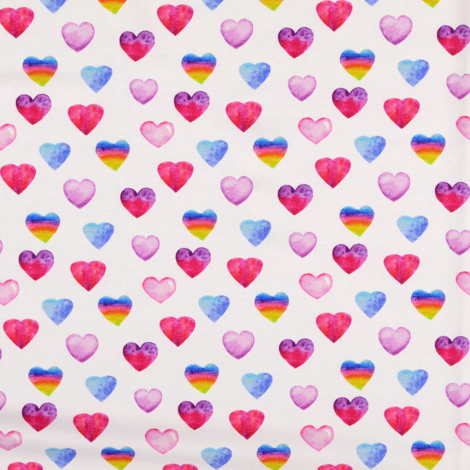 Katoenjersey Coloured Hearts, gebroken wit