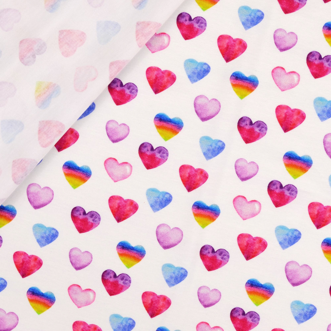 Katoenjersey Coloured Hearts, gebroken wit