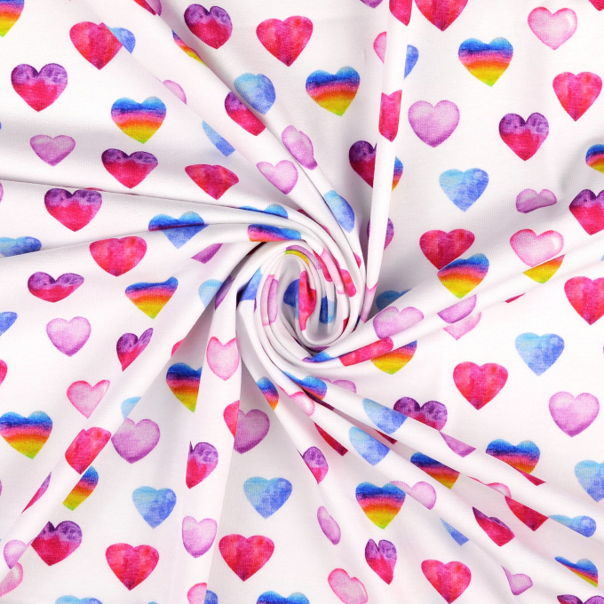 Katoenjersey Coloured Hearts, gebroken wit