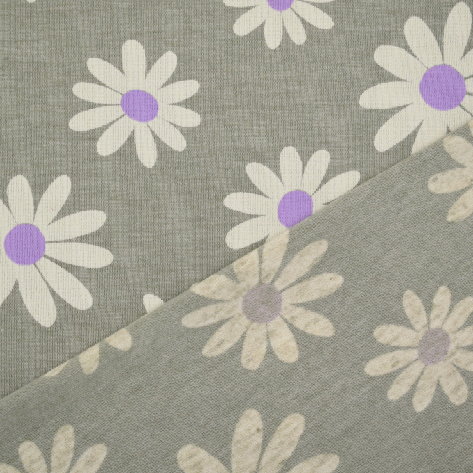 Katoenjersey Daisies, grijsgroen