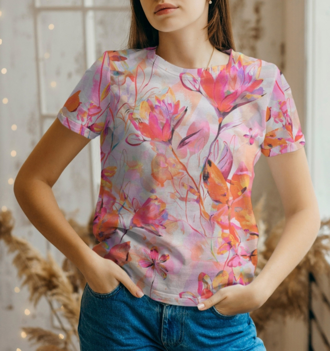 Tissu jersey de coton Fleurs Flower Dream, rose fuchsia