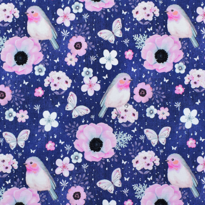 Baumwolljersey Fräulein von Julie Birds and Flowers Denim, dunkelblau