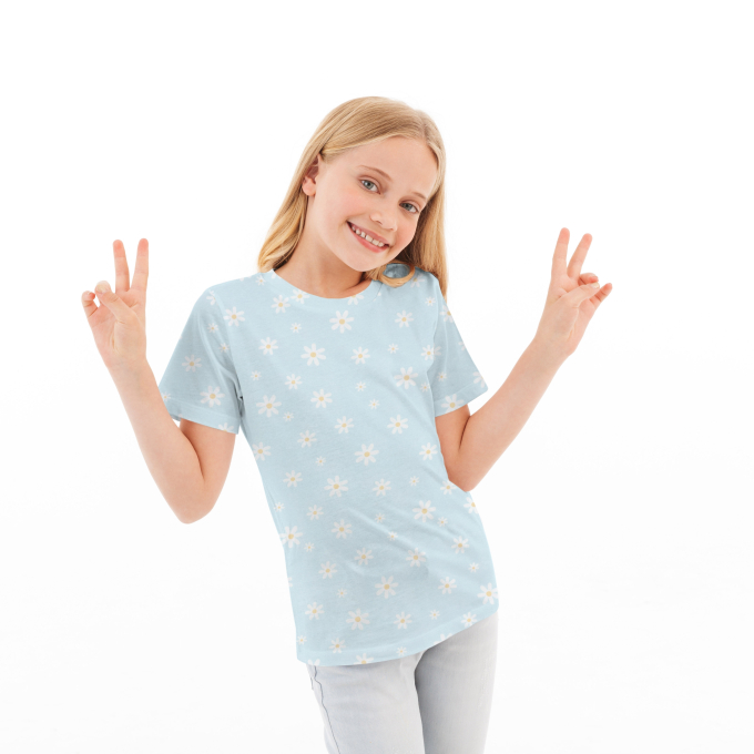 Katoenjersey Madeliefjes, lichtblauw
