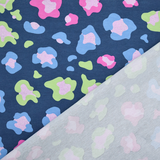 Tissu jersey de coton brillant Glitter Léopard, bleu