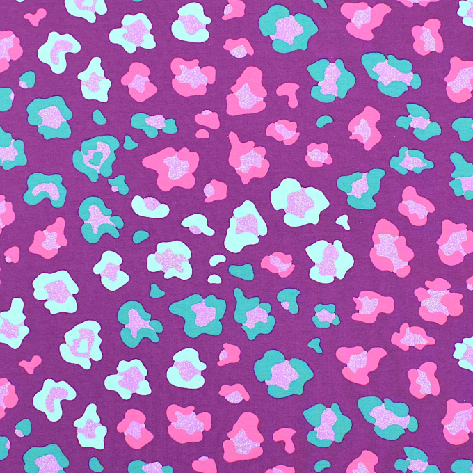 Tissu jersey de coton brillant Glitter Léopard, pourpre
