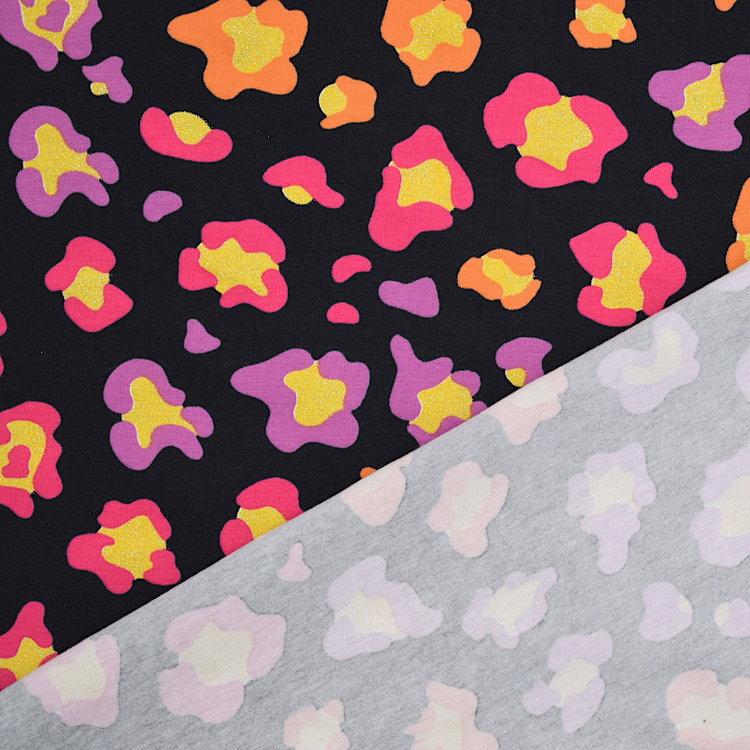 Tissu jersey de coton brillant Glitter Léopard, noir