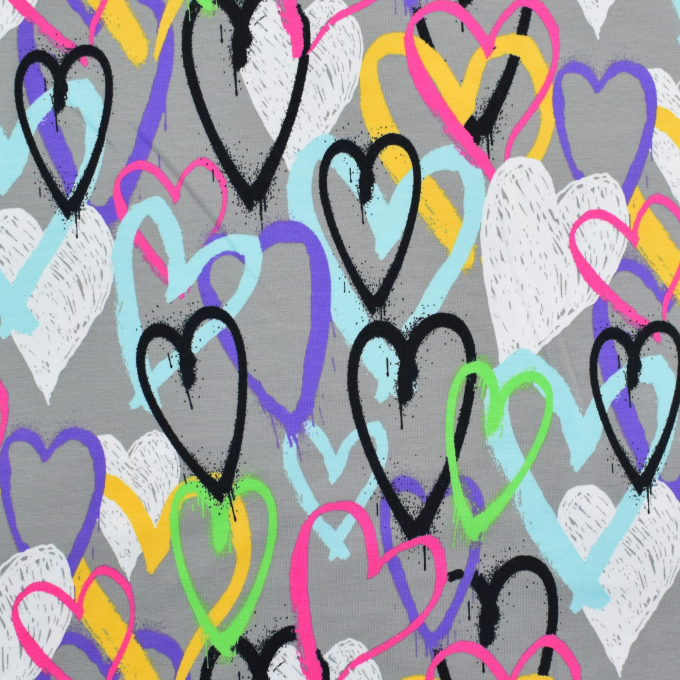 Baumwolljersey Graffiti Hearts, grau