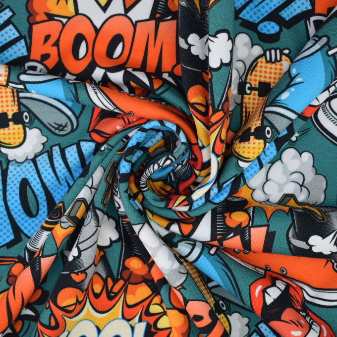 Tissu jersey de coton Cartoon Graffiti, bleu pétrole