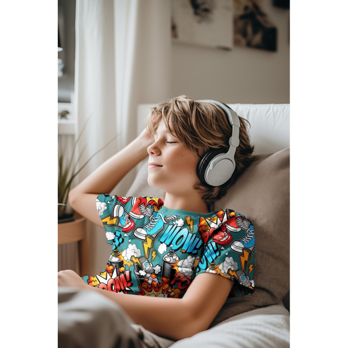 Tissu jersey de coton Cartoon Graffiti, bleu pétrole