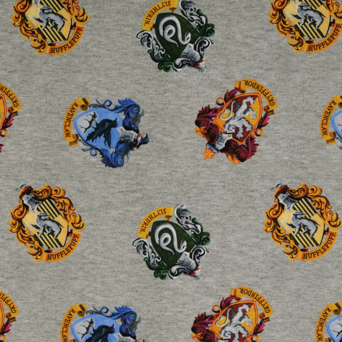 Tissu jersey de coton Harry Potter House Logos, gris chiné