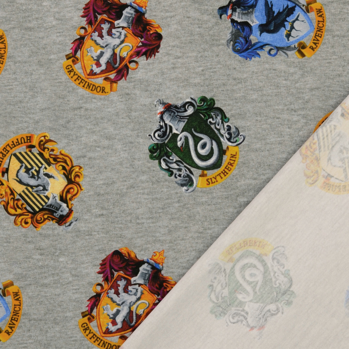 Tissu jersey de coton Harry Potter House Logos, gris chiné