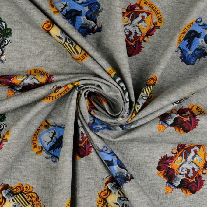 Tissu jersey de coton Harry Potter House Logos, gris chiné