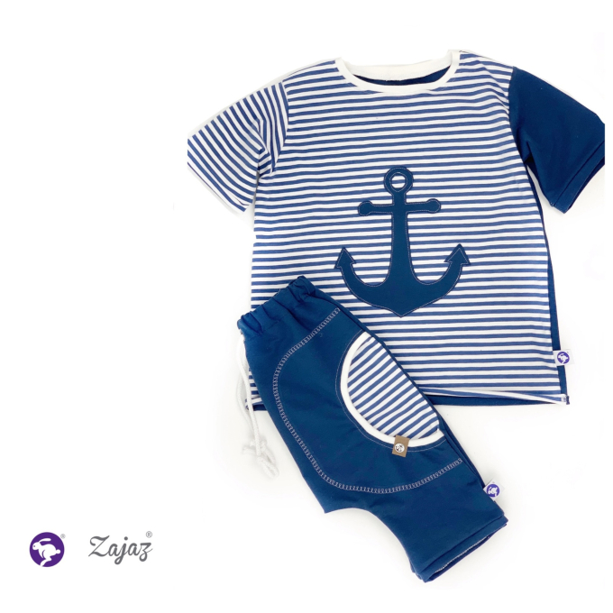 Katoenjersey little stripe love, donkerblauw - wit