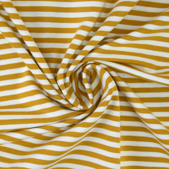 Katoenjersey little stripe love, mosterdgeel - wit