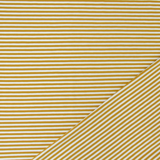 Katoenjersey little stripe love, mosterdgeel - wit