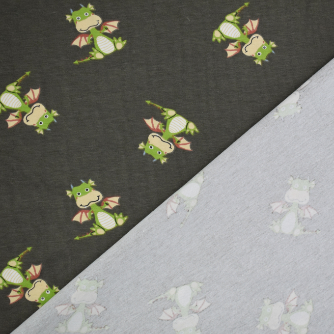 Tissu jersey coton Petit dragon, kaki