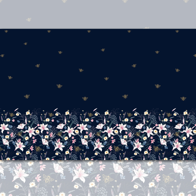 Tissu jersey de coton panneau Malomi Bordure fleurie, bleu foncé 150 x 98 cm