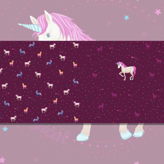 Baumwolljersey Malomi Panel Einhornsternenhimmel, dunkelbeere 145 x 80 cm
