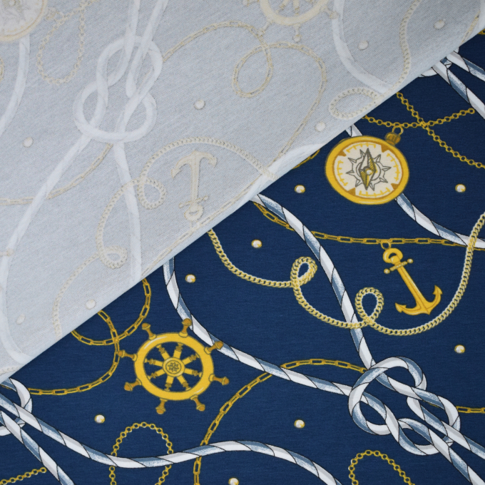 Tissu jersey coton Bord de mer chic Maritime Love, bleu foncé