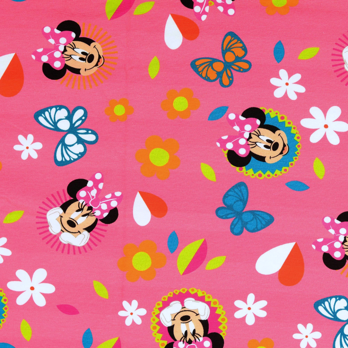 Tissu jersey de coton Minnie Mouse Flowers, rose fuchsia