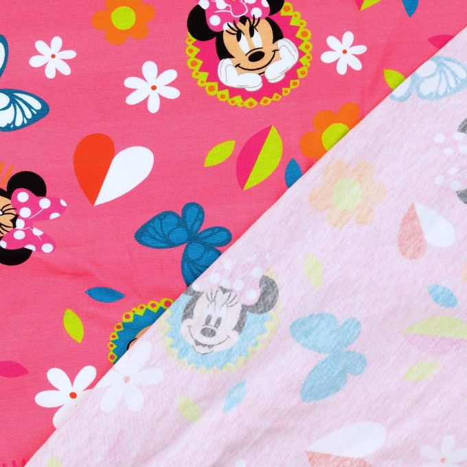 Tissu jersey de coton Minnie Mouse Flowers, rose fuchsia