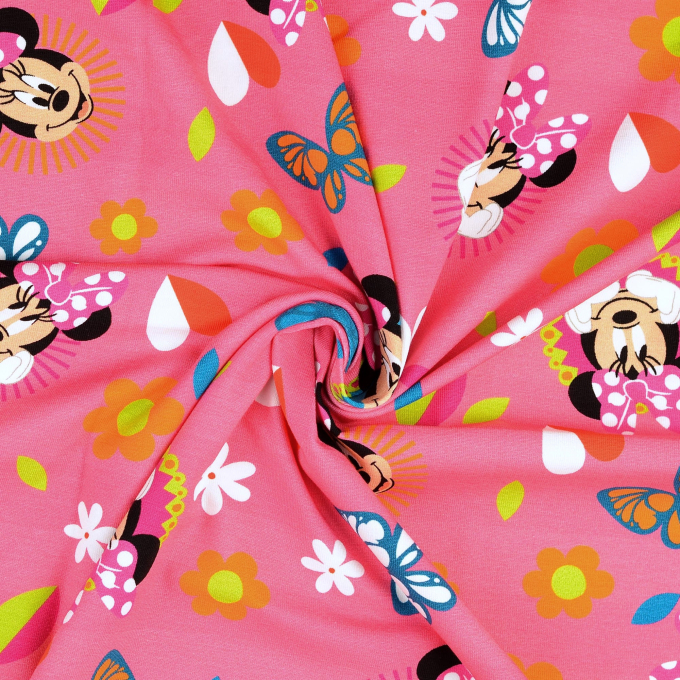 Tissu jersey de coton Minnie Mouse Flowers, rose fuchsia