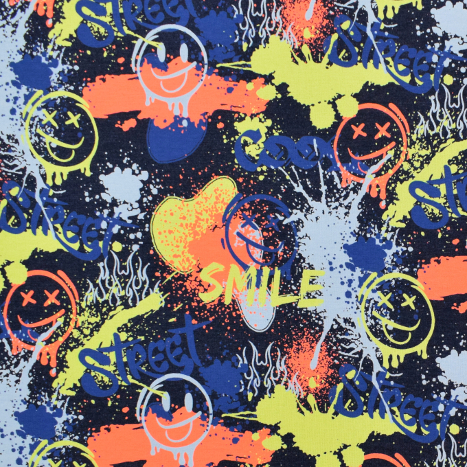 Katoenjersey Neon Graffiti, donkerblauw gemêleerd
